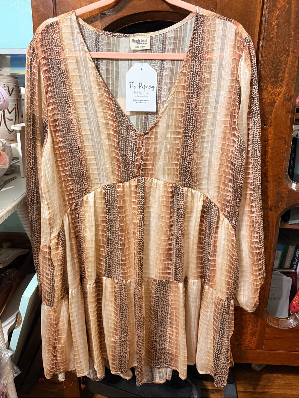 Peach Love California Beige & Brown Boho Charm Tiered V-Neck Dress S
